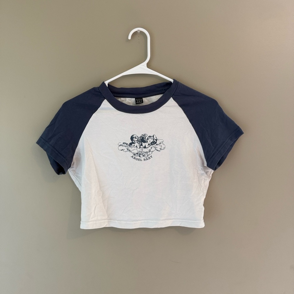 SHEIN White and Navy Graphic Tee
